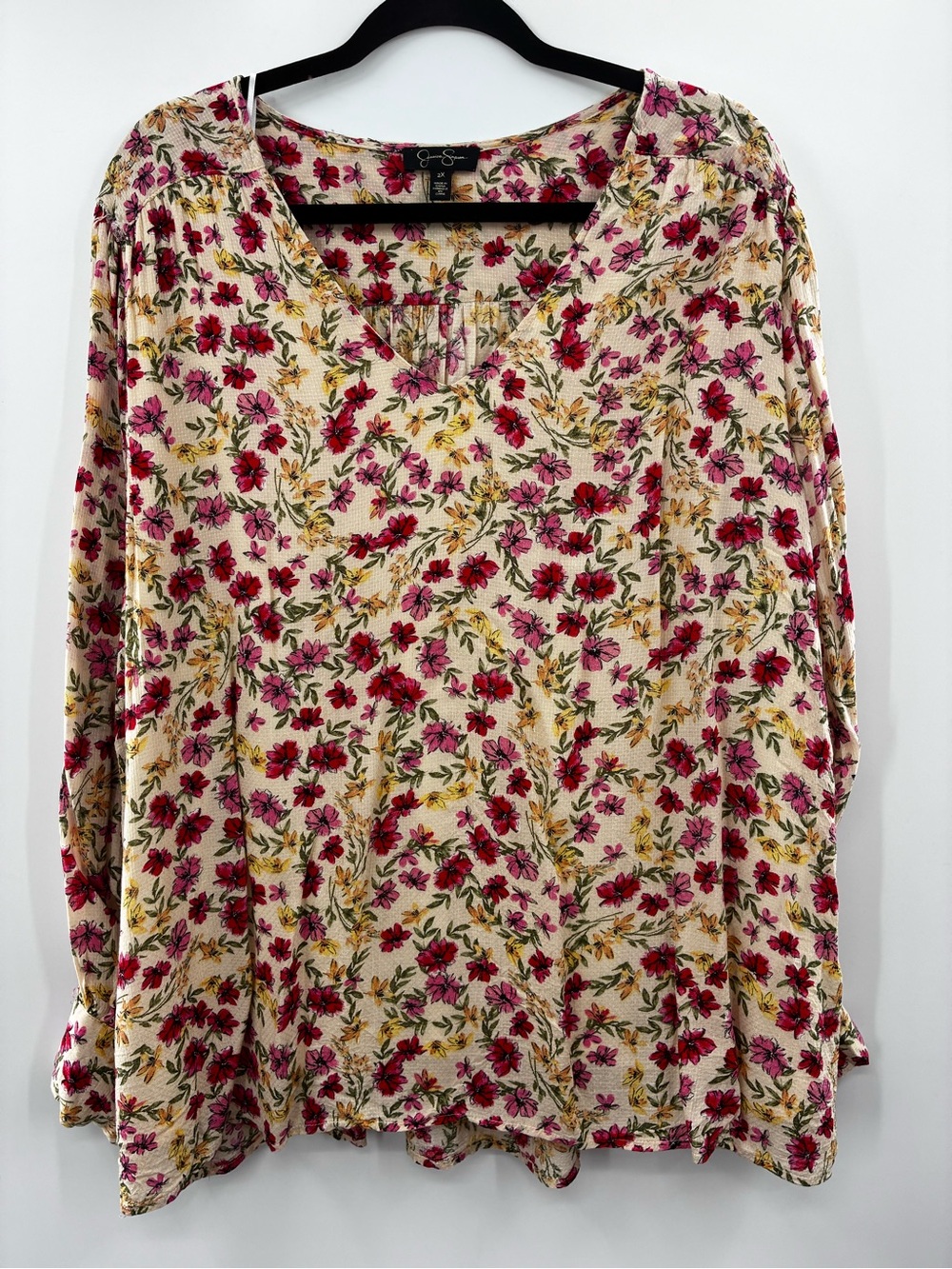 Jessica Simpson Floral V-Neck Long Sleeve Cream & Pink Blouse size: 2X